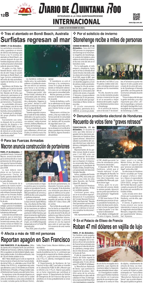 Portada de Diario de Quintana Roo (contra Portada) del lunes, 22 de diciembre de 2025