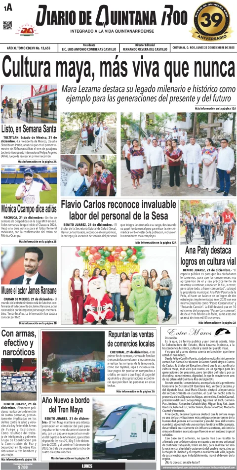 Portada de Diario de Quintana Roo (portada) del lunes, 22 de diciembre de 2025