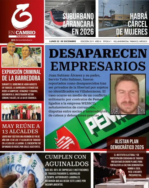 Portada de En Cambio - Tabasco (portada) del lunes, 22 de diciembre de 2025