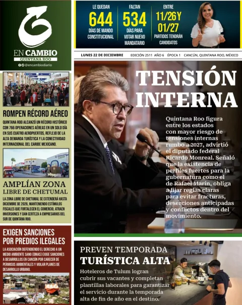 Portada de En Cambio - Quintana Roo (portada) del lunes, 22 de diciembre de 2025