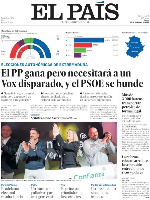 Portada de El Pais del lunes, 22 de diciembre de 2025