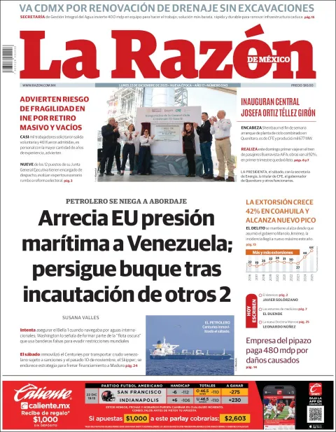 Portada de La Razon del lunes, 22 de diciembre de 2025