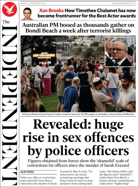 Portada de The Independent del lunes, 22 de diciembre de 2025