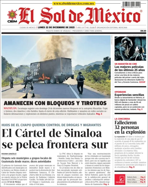 Portada de El Sol de Mexico del lunes, 22 de diciembre de 2025