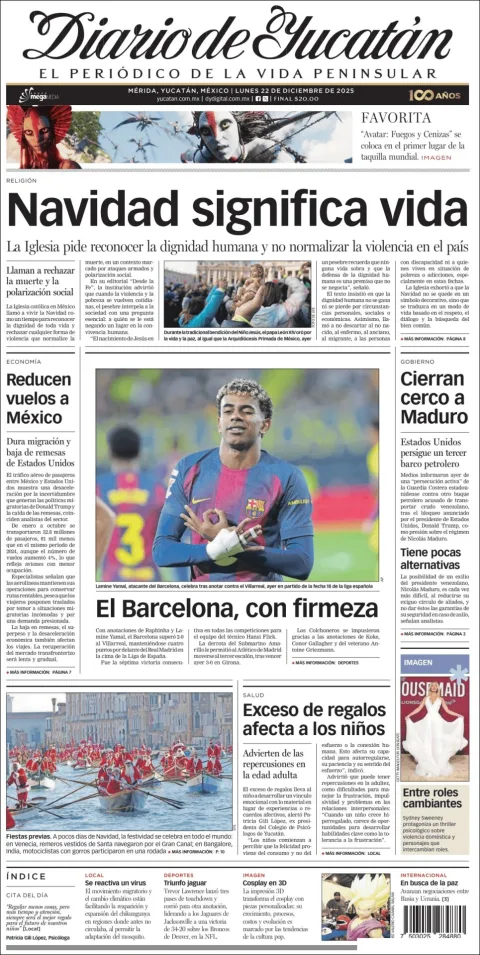 Portada de Diario de Yucatán del lunes, 22 de diciembre de 2025