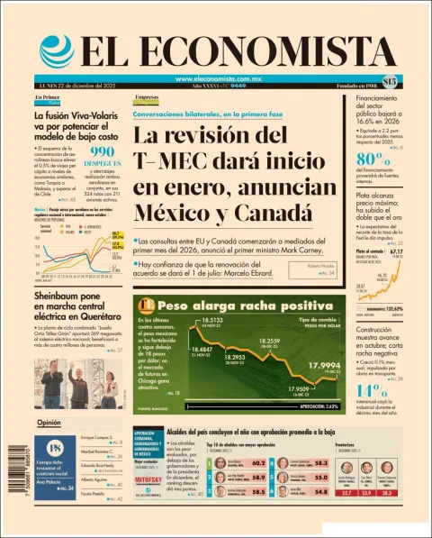 Portada de El Economista del lunes, 22 de diciembre de 2025