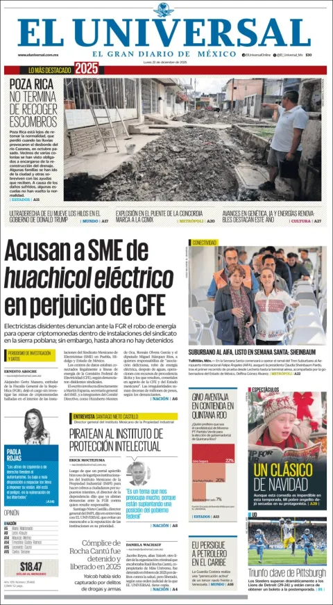 Portada de El Universal del lunes, 22 de diciembre de 2025