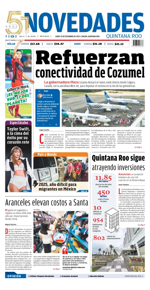 Portada de Novedades Quintana Roo del lunes, 22 de diciembre de 2025