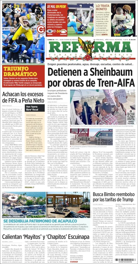 Portada de Reforma del lunes, 22 de diciembre de 2025