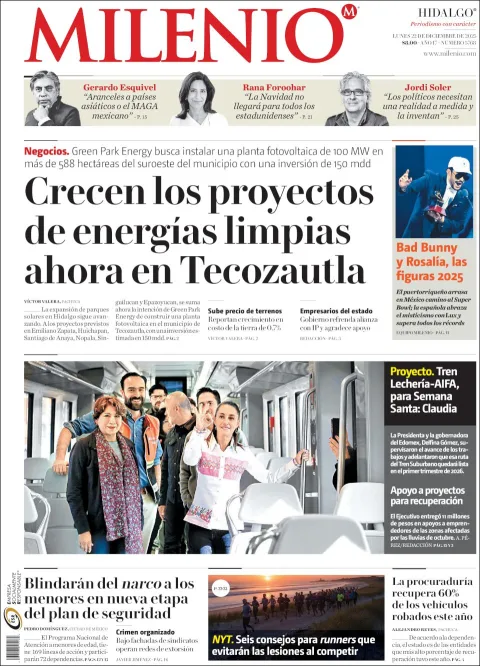 Portada de Milenio Hidalgo del lunes, 22 de diciembre de 2025
