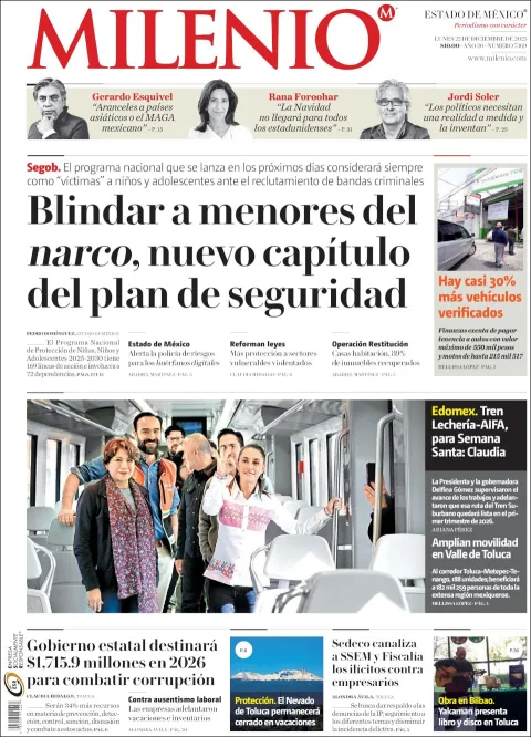 Portada de Milenio Edo de Mexico del lunes, 22 de diciembre de 2025