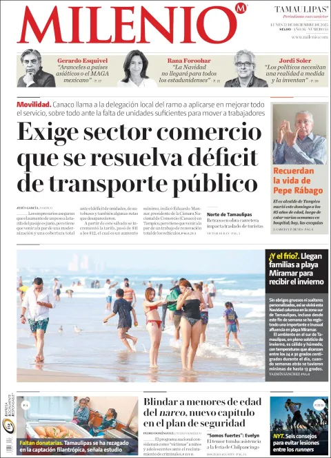 Portada de Milenio Tamaulipas del lunes, 22 de diciembre de 2025