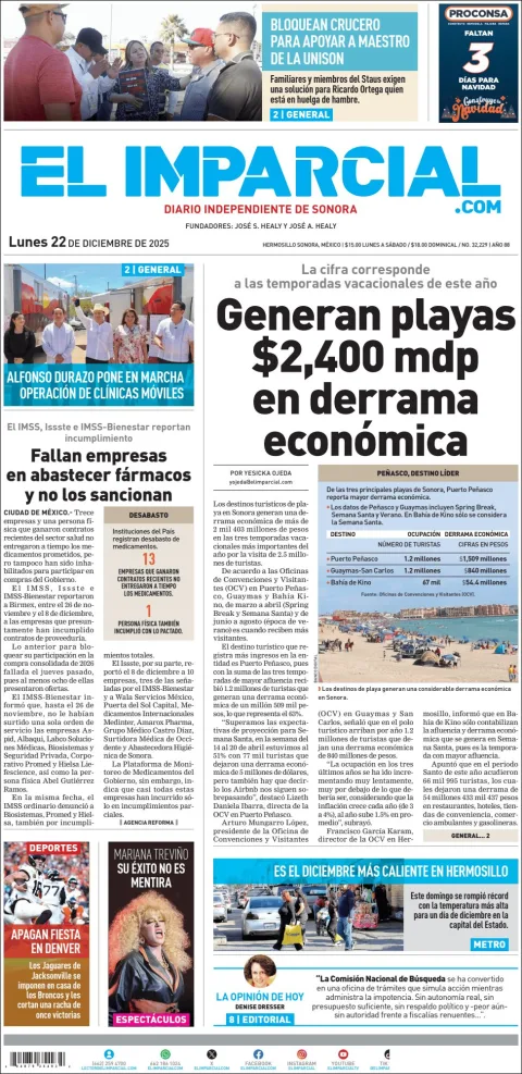 Portada de El Imparcial del lunes, 22 de diciembre de 2025