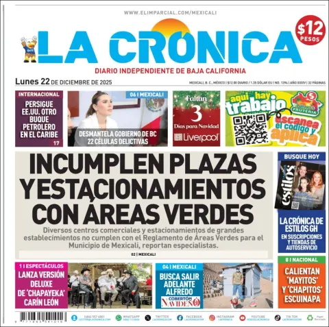 Portada de La Cronica del lunes, 22 de diciembre de 2025