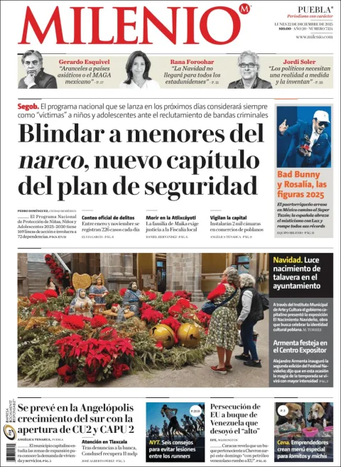 Portada de Milenio Puebla del lunes, 22 de diciembre de 2025
