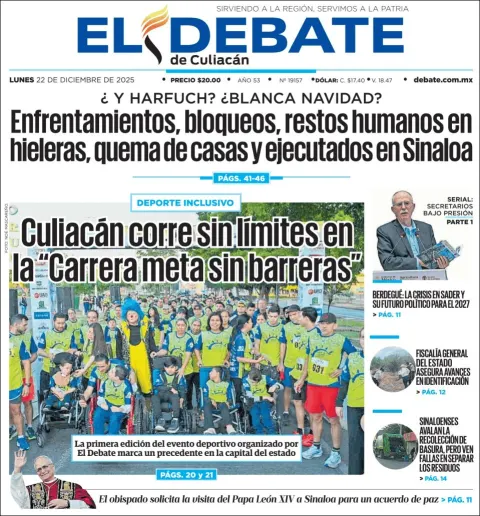 Portada de El Debate de Culiacan del lunes, 22 de diciembre de 2025