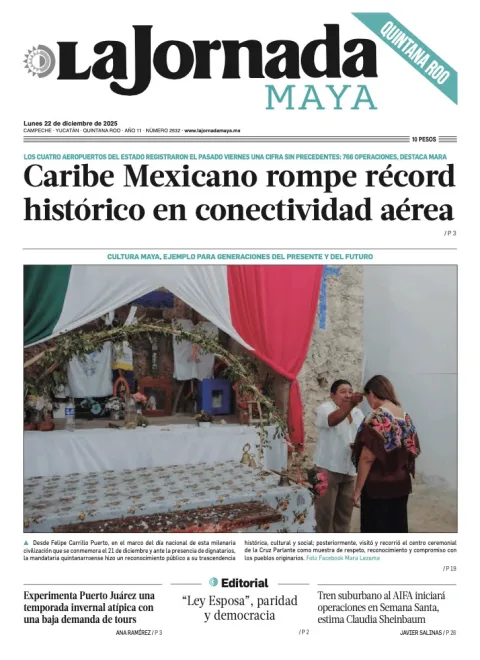 Portada de La Jornada Maya Quintana Roo del lunes, 22 de diciembre de 2025