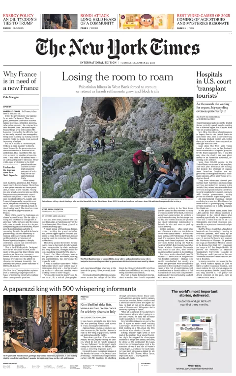 Portada de The New York Times (international) del martes, 23 de diciembre de 2025