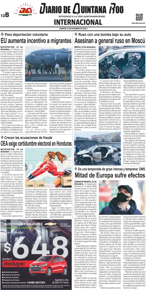 Portada de Diario de Quintana Roo (contra Portada) del martes, 23 de diciembre de 2025