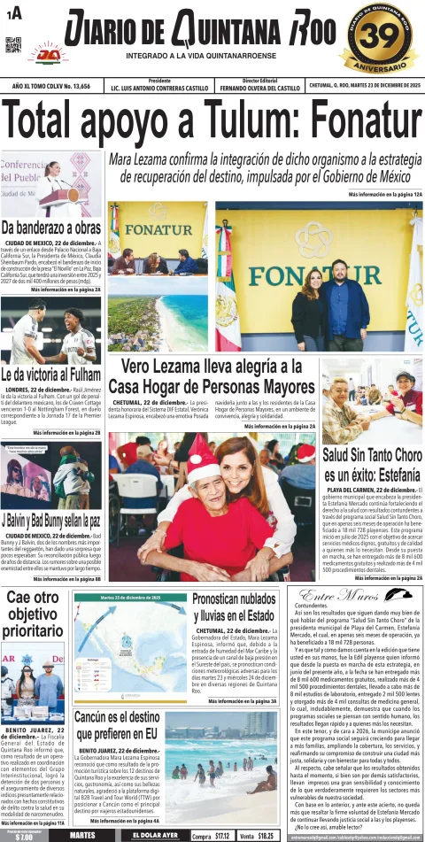 Portada de Diario de Quintana Roo (portada) del martes, 23 de diciembre de 2025