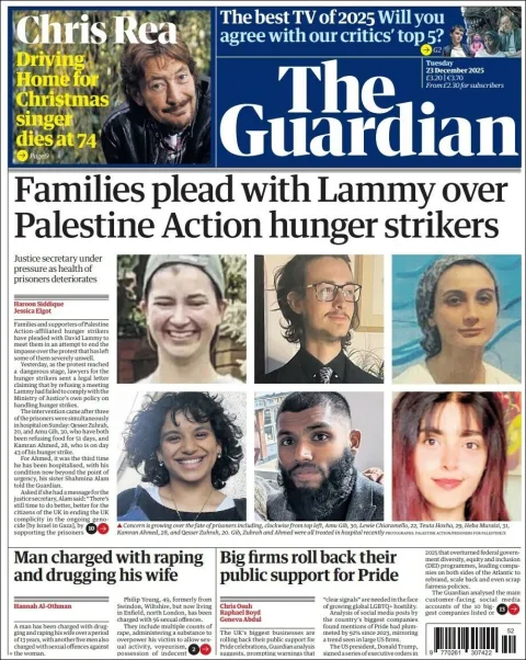 Portada de The Guardian (reino Unido) del martes, 23 de diciembre de 2025