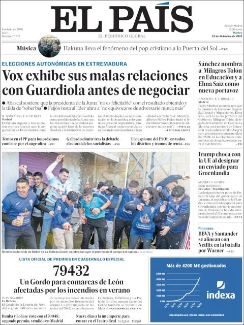 Portada de El Pais del martes, 23 de diciembre de 2025