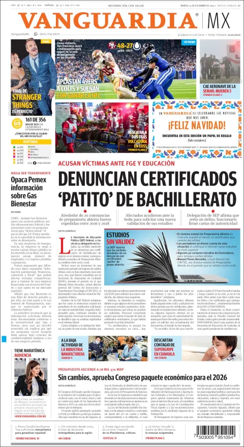 Portada de Vanguardia del martes, 23 de diciembre de 2025
