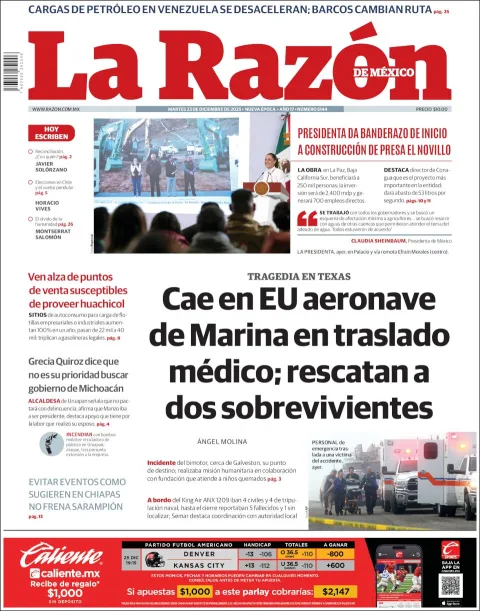 Portada de La Razon del martes, 23 de diciembre de 2025