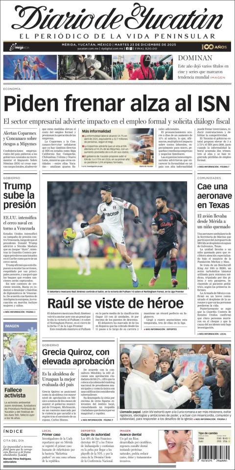 Portada de Diario de Yucatán del martes, 23 de diciembre de 2025
