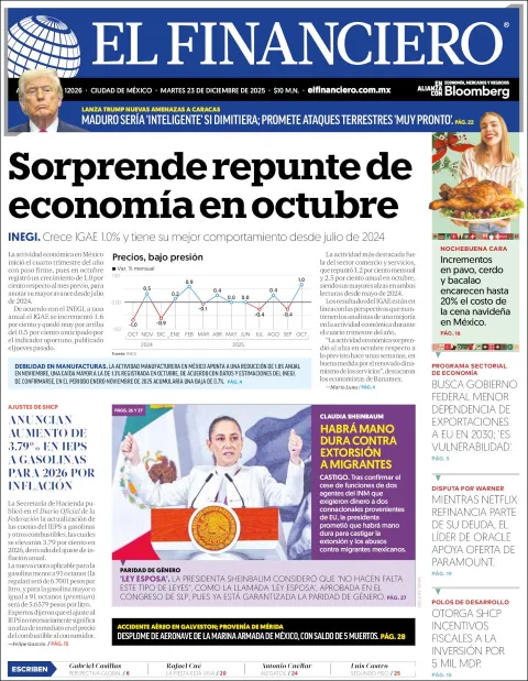 Portada de El Financiero del martes, 23 de diciembre de 2025