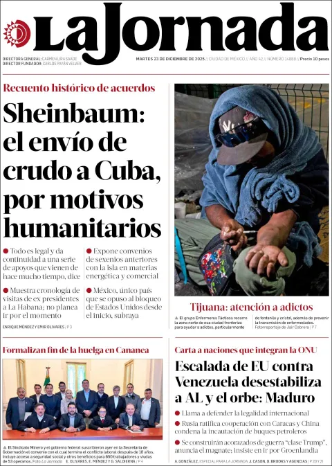 Portada de La Jornada del martes, 23 de diciembre de 2025