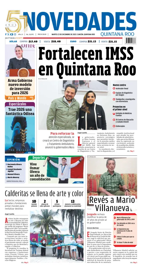 Portada de Novedades Quintana Roo del martes, 23 de diciembre de 2025