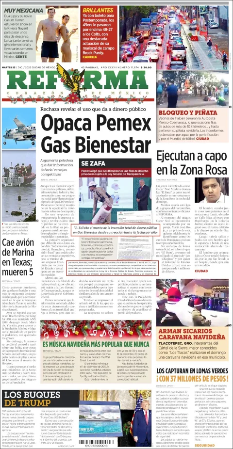 Portada de Reforma del martes, 23 de diciembre de 2025