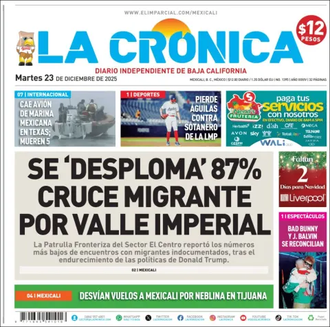Portada de La Cronica del martes, 23 de diciembre de 2025