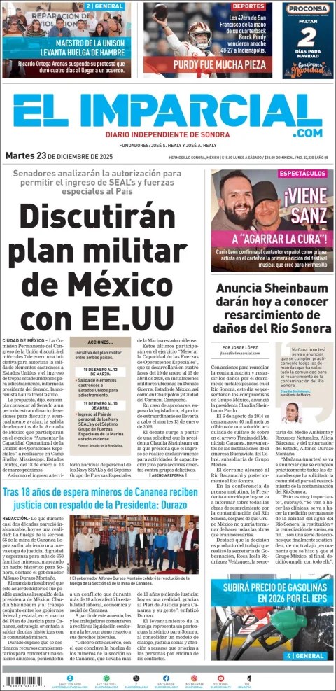 Portada de El Imparcial del martes, 23 de diciembre de 2025
