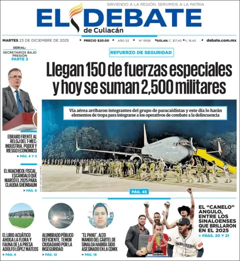 Portada de El Debate de Culiacan del martes, 23 de diciembre de 2025