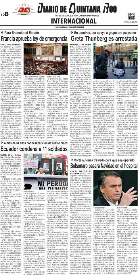 Portada de Diario de Quintana Roo (contra Portada) del miércoles, 24 de diciembre de 2025