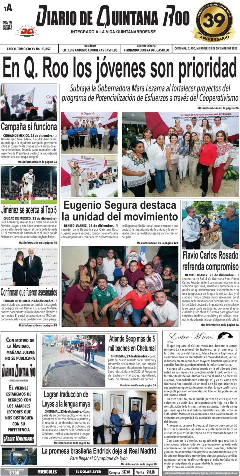 Portada de Diario de Quintana Roo (portada) del miércoles, 24 de diciembre de 2025