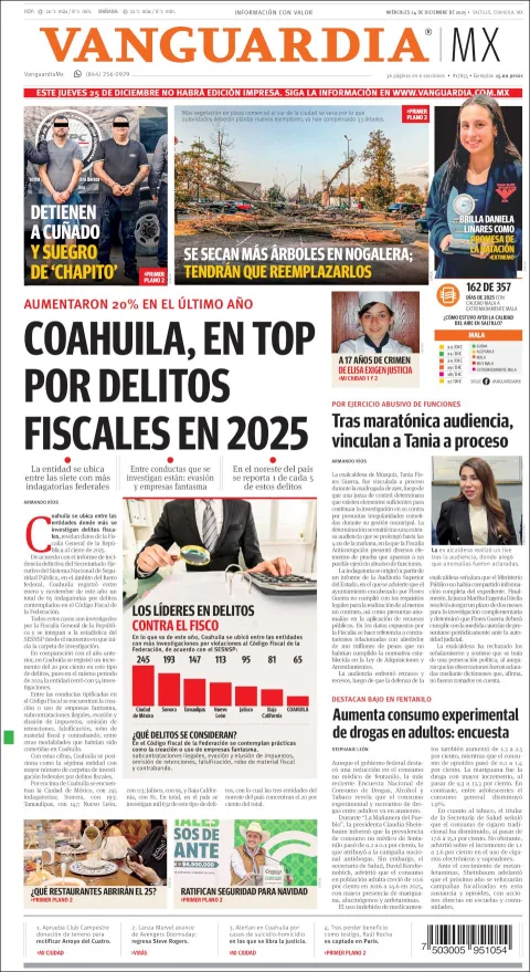 Portada de Vanguardia del miércoles, 24 de diciembre de 2025