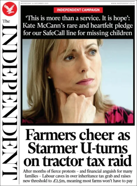 Portada de The Independent del miércoles, 24 de diciembre de 2025