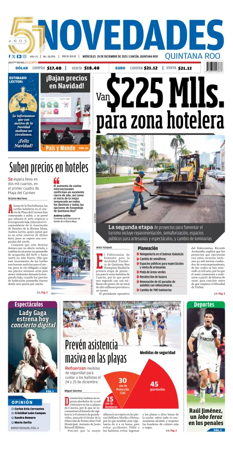 Portada de Novedades Quintana Roo del miércoles, 24 de diciembre de 2025
