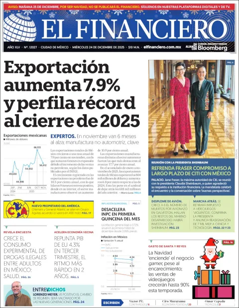 Portada de El Financiero del miércoles, 24 de diciembre de 2025