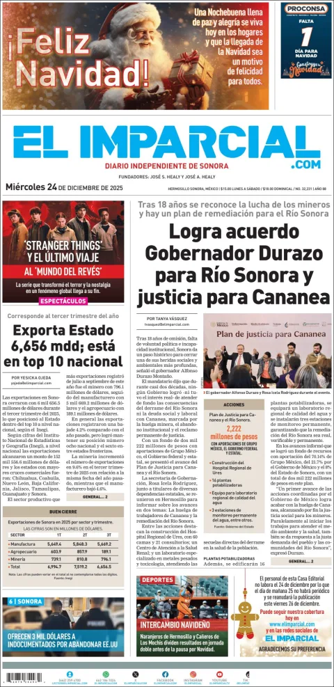 Portada de El Imparcial del miércoles, 24 de diciembre de 2025