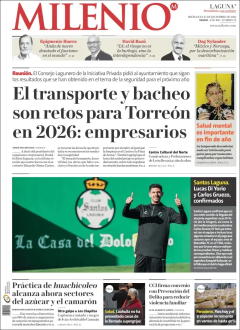 Portada de Milenio Laguna del miércoles, 24 de diciembre de 2025