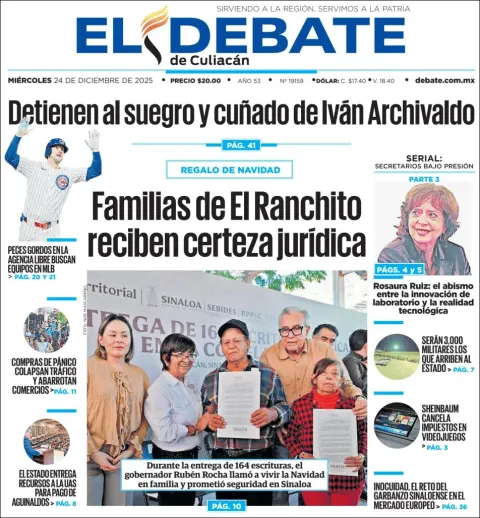 Portada de El Debate de Culiacan del miércoles, 24 de diciembre de 2025