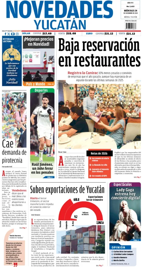 Portada de Novedades Yucatan del miércoles, 24 de diciembre de 2025