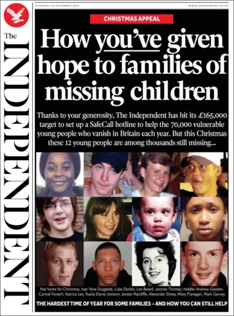Portada de The Independent del jueves, 25 de diciembre de 2025