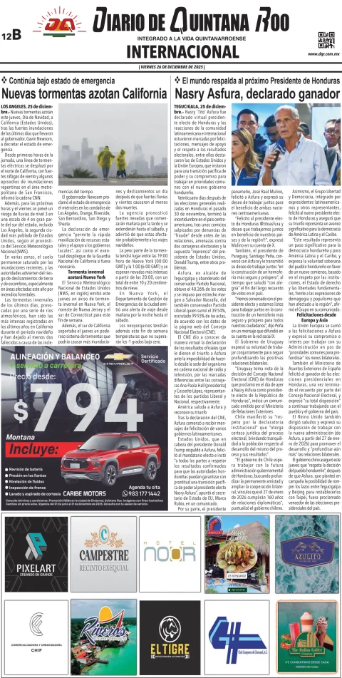 Portada de Diario de Quintana Roo (contra Portada) del viernes, 26 de diciembre de 2025