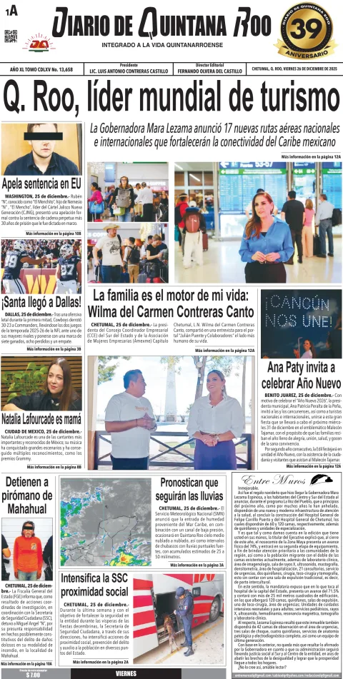 Portada de Diario de Quintana Roo (portada) del viernes, 26 de diciembre de 2025