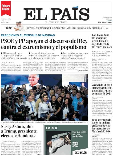 Portada de El Pais del viernes, 26 de diciembre de 2025